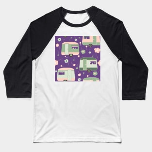 Repeat pattern of vintage caravans and daisies in pastel pinks and greens on purple Baseball T-Shirt